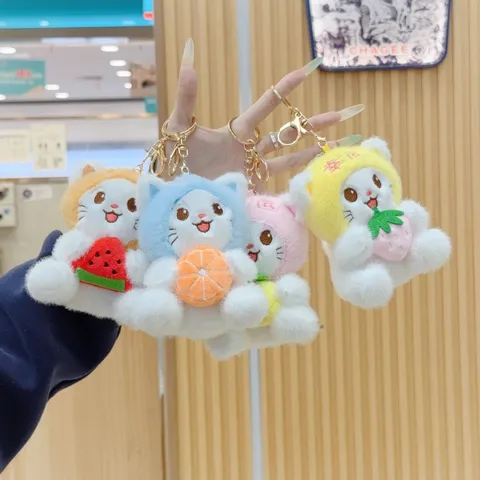 Simpatico Portachiavi in Peluche a Forma di Gatto Con Costume di Frutta Mini Ciondolo per Borsa Zaino Auto Chiavi Ornamento