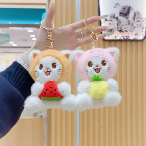 Simpatico Portachiavi in Peluche a Forma di Gatto Con Costume di Frutta Mini Ciondolo per Borsa Zaino Auto Chiavi Ornamento