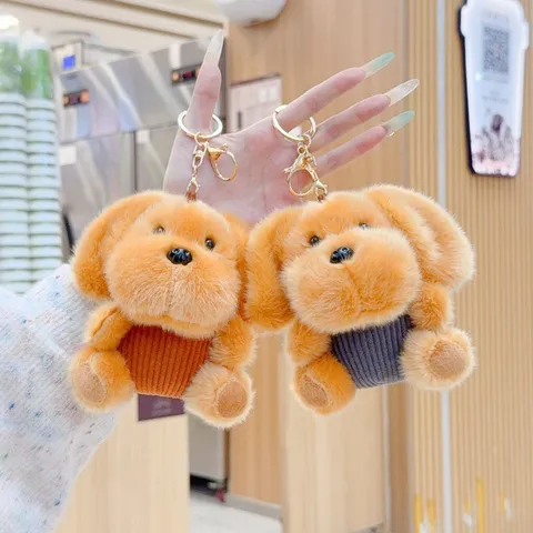 Lindo Llavero de Peluche de Perro Rayado de Dibujos Animados Suave Cachorro Relleno Adorno de Bolsa Juguete de Animal Llavero para Decoración de Mochila Regalo Unisex