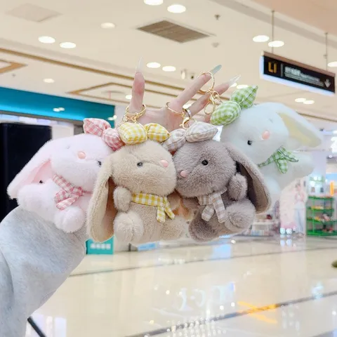 Cute Plush Rabbit Keychain Cartoon Bunny Bag Charm Decoration With Plaid Bowknot Scarf Soft Doll Toy Gift For Backpack Keys
