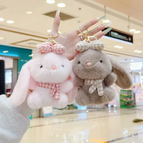 Cute Plush Rabbit Keychain Cartoon Bunny Bag Charm Decoration With Plaid Bowknot Scarf Soft Doll Toy Gift For Backpack Keys
