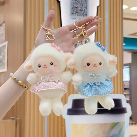 Süßes Polyester Schaf Plüschtier Schlüsselanhänger Mit Kariertem Rock Schleife Weiches Stofftier Tasche Charm Puppe Für Mädchen Damen Schlüsselring Deko Zubehör