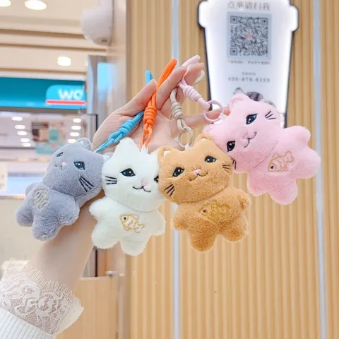 Cute Japanese Style Cat Plush Keychain Pendant Soft Stuffed Animal Phone Bag Charm Ornament With Fish Embroidery Pattern For Kids Gift Unisex Decorative Accessory