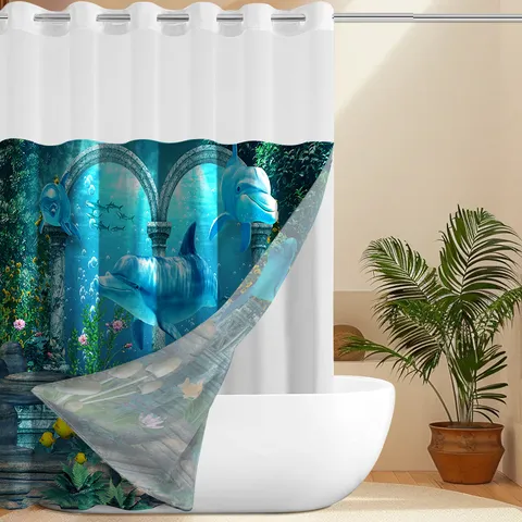 Double Layer Hookless Shower Curtain Ocean Dolphin Print Waffle Fabric Waterproof Bathroom Decor Curtain And Mat Set