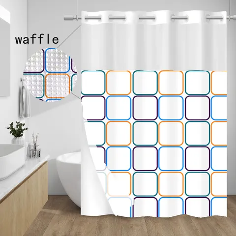 Double Layered Grid Print Hookless Shower Curtain Set Waterproof Polyester Fabric Bathroom Partition Detachable Liner Simple Modern Bath Curtain