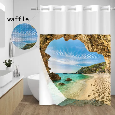 Double Layer Large Ring Hookless Shower Curtain Ocean Beach Cave Printed Polyester Waterproof Bathroom Curtain With Mat