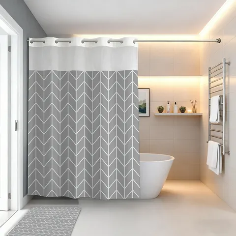Double Layer Waffle Weave Shower Curtain Set With Detachable Liner Waterproof Chevron Pattern Bathroom Curtain With Floor Mat