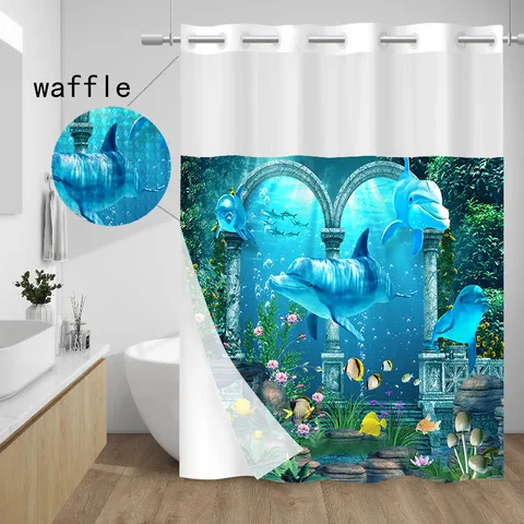 Double Layer Hookless Shower Curtain Ocean Dolphin Print Waffle Fabric Waterproof Bathroom Decor Curtain And Mat Set