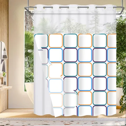 Double Layered Grid Print Hookless Shower Curtain Set Waterproof Polyester Fabric Bathroom Partition Detachable Liner Simple Modern Bath Curtain