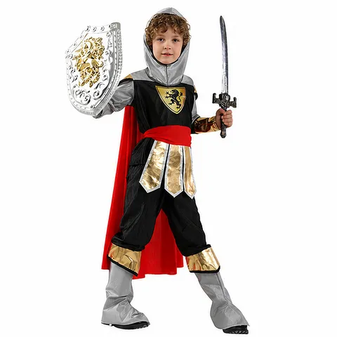Kids Roman Warrior Costume Halloween Medieval Knight Cosplay Outfit Set Polyester Hooded Top Cloak Pants Role Play