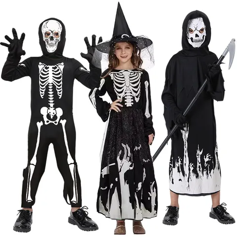 Costume de Cosplay d'Halloween Squelette Lumineux Faucheuse pour Enfants Fête Garçons Filles Tenue Déguisement