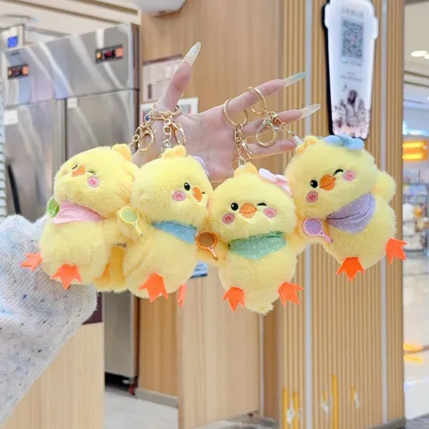 Cute Yellow Chick Plush Keychain With Tennis Racket And Scarf Cartoon Stuffed Animal Bag Pendant Gift For Kids Women