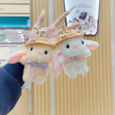 Cute Plush Rabbit Keychain Straw Hat Bunny Pendant Soft Stuffed Animal Bag Charm Key Ring Toy Ornament For Girls Women