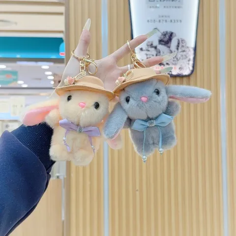 Cute Plush Rabbit Keychain Straw Hat Bunny Pendant Soft Stuffed Animal Bag Charm Key Ring Toy Ornament For Girls Women