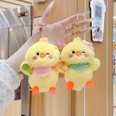 Cute Yellow Chick Plush Keychain With Tennis Racket And Scarf Cartoon Stuffed Animal Bag Pendant Gift For Kids Women