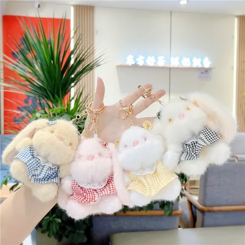 Cute Long Ears Rabbit Plush Keychain Plaid Dress Bunny Doll Bag Hanging Ornament Wedding Celebration Gift Keychain For Women