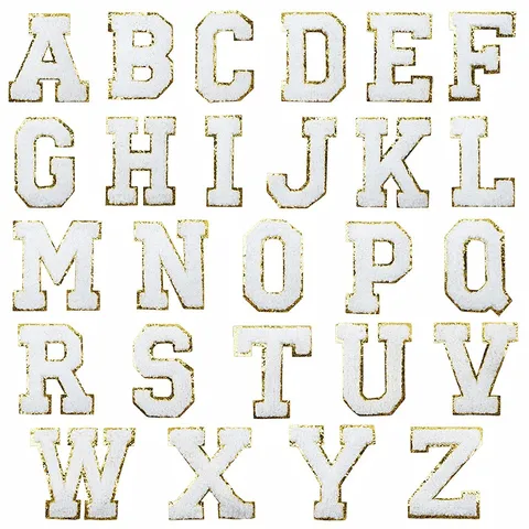 Varsity Chenille Embroidery Alphabet Letter Patches Gold Glitter Border Computerized Embroidered Badge For Clothes Jackets Hat DIY Handmade Decoration