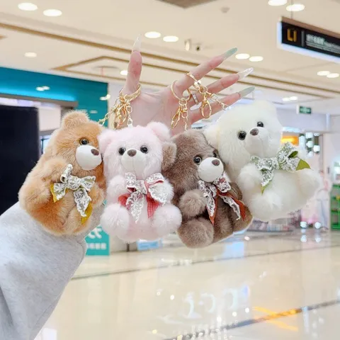 Cute Plush Teddy Bear Keychain Lace Bowknot Mini Bear Pendant Soft Doll Bag Charm Ornament Key Ring For Backpack