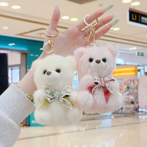 Cute Plush Teddy Bear Keychain Lace Bowknot Mini Bear Pendant Soft Doll Bag Charm Ornament Key Ring For Backpack