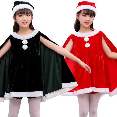 Kids Christmas Velvet Santa Claus Outfit Red Green Dress Cape Hat Festive Party Stage Performance Clothing