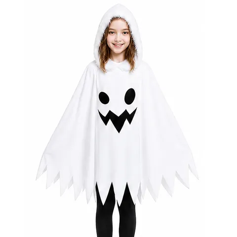 Kids Halloween Ghost Costume White Hooded Cloak Dress Cosplay Party Outfit Children Spooky Dress Up Apparel