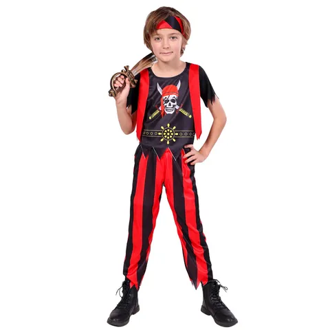 Ensemble de Costumes de Pirate pour Enfants en Polyester Haut à Imprimé Crâne Rayé Noir et Rouge Pantalon Foulard Fête d'Halloween Cosplay