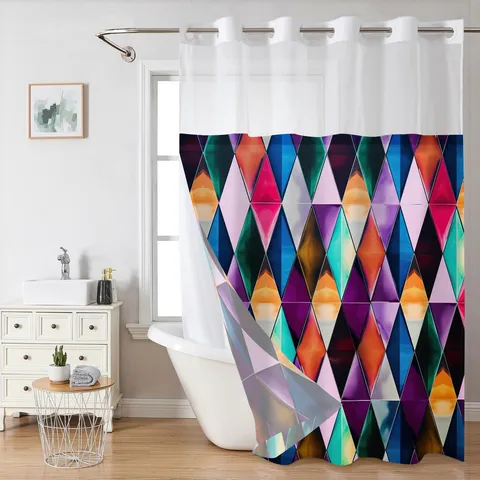Cortina de Ducha Moderna Con Estampado de Mármol y Rombos Geométricos Doble Capa Desmontable Sin Ganchos De Poliéster Tela Hidrófuga para Baño
