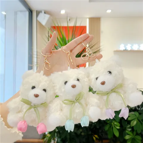 Cute Plush Bear Rabbit Keychain With Tulip Flower Ribbon Bow White Soft Stuffed Animal Doll Bag Ornament Pendant For Women Girls Gift
