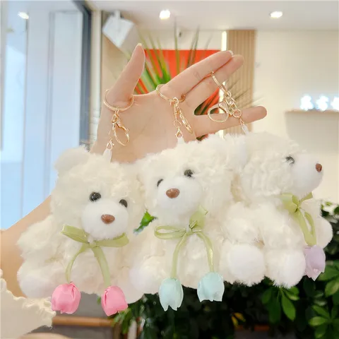 Cute Plush Bear Rabbit Keychain With Tulip Flower Ribbon Bow White Soft Stuffed Animal Doll Bag Ornament Pendant For Women Girls Gift