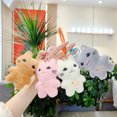 Japanese Style Cute Cat Plush Keychain Mini Stuffed Animal Toy With Fish Embroidery For Girls Wedding Party Favor Kids Gift