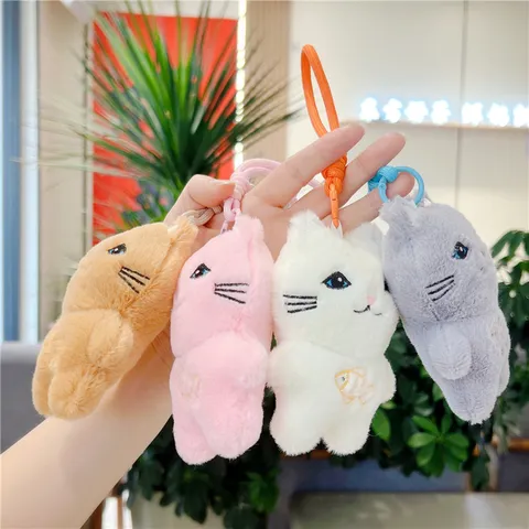 Japanese Style Cute Cat Plush Keychain Mini Stuffed Animal Toy With Fish Embroidery For Girls Wedding Party Favor Kids Gift