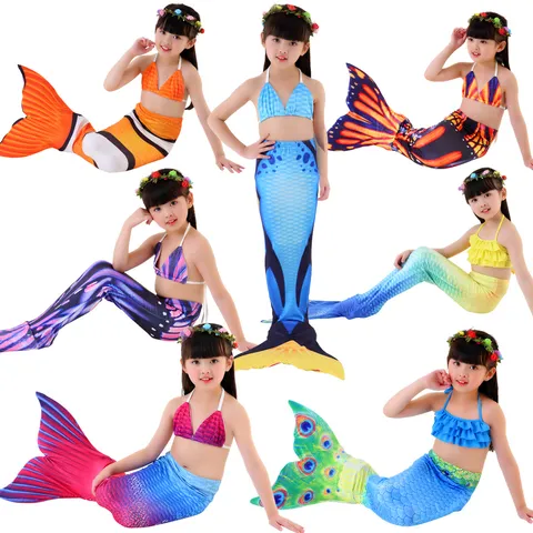 Girls Mermaid Swimsuit Bikini Set Fish Scale Pattern Kids Swimwear With Fish Tail Skirt Holiday Beachwear