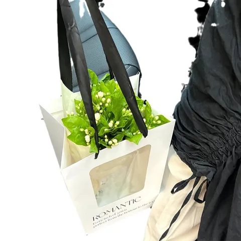 Minimalist Kraft Paper Flower Bouquet Gift Tote Bag Romantic Window Trapezoid Handheld Packing Carrying Pouch For Wedding Valentine Celebration Decoration