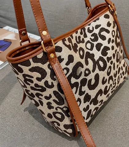 Borsa Tote in Tela con Stampa Leopardo di Grande Capacità Donna Moda Retro Borsa a Tracolla Borsa Casual