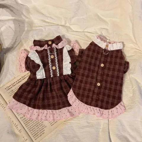Ropa para Perros Mascotas Otoño Invierno Vestido de Princesa A Cuadros Volante Camisa Espesada Lindo Cachorro Gato Ropa Traje Cálido
