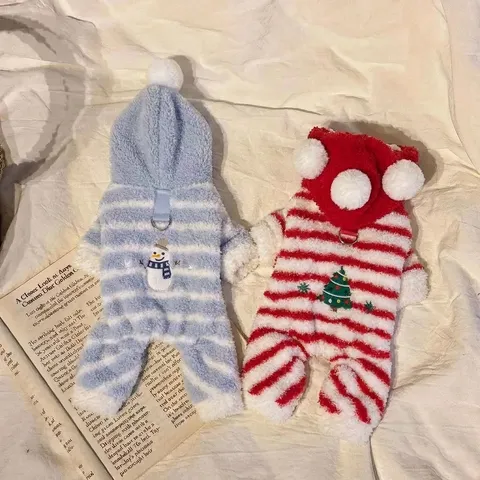 Pet Christmas Hooded Fleece Four Legged Clothes Warm Winter Puppy Cat Jumpsuit Apparel Holiday Outfit