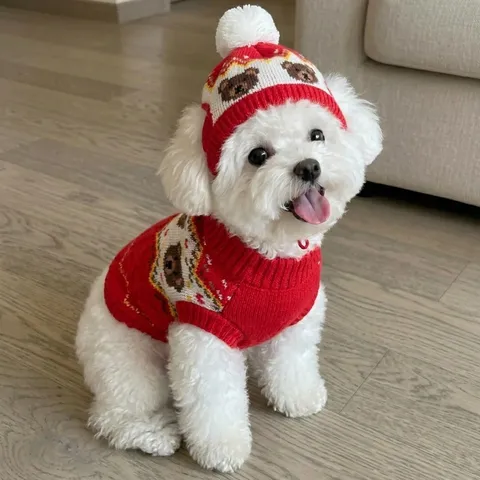 Nordic Fair Isle Knitted Pet Sweater Christmas Bear Apple Pattern Warm Dog Clothes Sleeveless Knitwear For Cats Small Medium Dogs Holiday Outfits