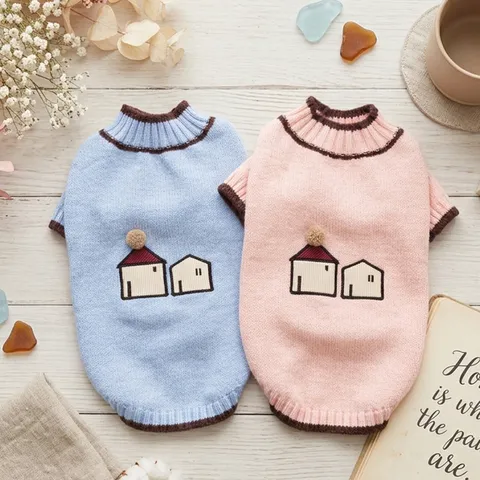 Pet Dog Sweater Autumn Winter Warm Knitted Pullover Small Medium Dogs Cats Cute Little House Embroidery Clothes