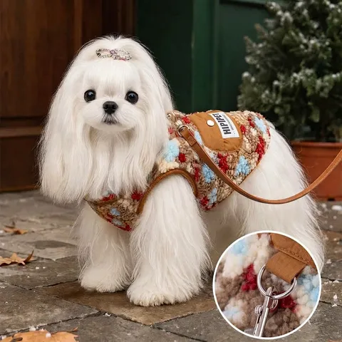 Haustier Lammwolle Jacquard Bekleidung Warm Verdickt Hund Katze Weste Mit Leinen D-Ring Niedliche Welpenkleidung Für Kleine Mittlere Hunde