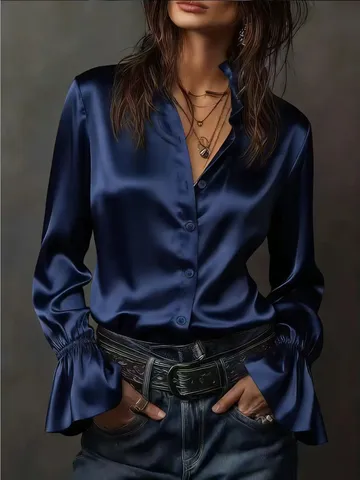 Elegante Blusa de Satén con Cuello de Volantes Para Mujer Color Sólido Manga Acampanada Larga Botón Casual Top