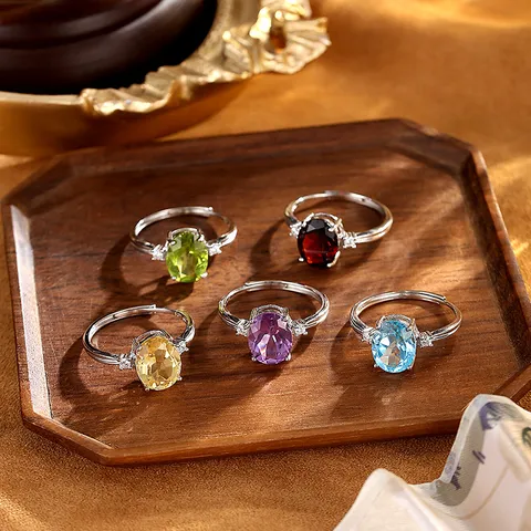 925 Sterling Silver Geometric Open Adjustable Ring Oval Crystal Rhinestone Inlaid Gift For Women Fine Jewelry