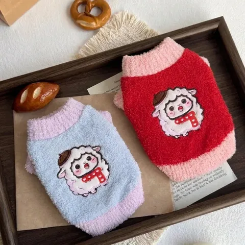 Cute Polyester Contrast Color Block Pet Sweater With Cartoon Lamb Embroidery Warm Thickened Two-Legged Clothes For Small Medium Dogs Cats