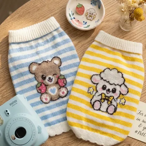 Cute Striped Pet Sweater Cartoon Bear Lamb Knitted Lapel Collar Dog Clothes Autumn Winter Warm Cat Pullover Apparel For Small Medium Dogs