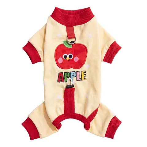 Winter Warm Pet Dog Pajamas Cute Apple Angel Wings Embroidered Dralon Four-Legged Clothes For Small Medium Dogs Loungewear With Leash D-Ring