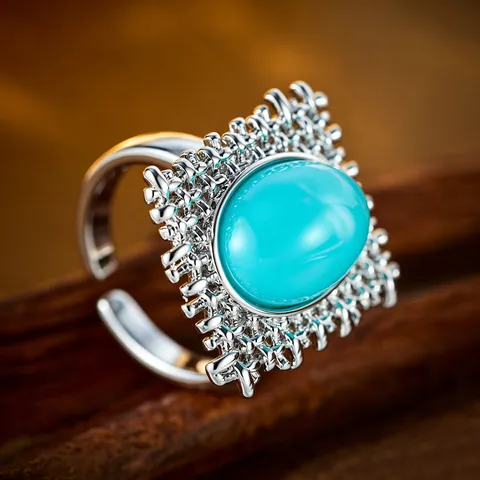 Vintage Kupfer Open Ring Für Damen Retro Ausgehöhlt Türkis Imitat Geometrisch Verstellbar Fingerring Modeschmuck