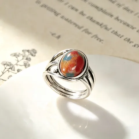 Vintage Oil Painting Colorful Stone Ring For Women Distressed Thai Silver Style Three-Layer Hollow Oval Finger Ring Jewelry