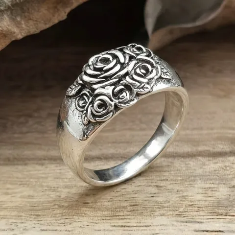 Vintage Relief Rose Flower Wide Band Ring For Women Eco-friendly Copper Thai Silver Style Distressed Retro Multi-layer Floral Ring Jewelry