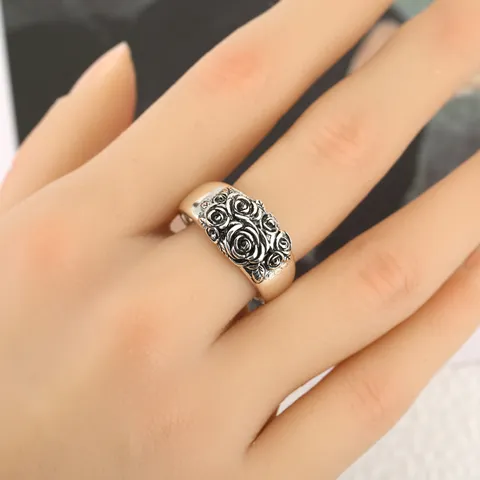 Vintage Relief Rose Flower Wide Band Ring For Women Eco-friendly Copper Thai Silver Style Distressed Retro Multi-layer Floral Ring Jewelry