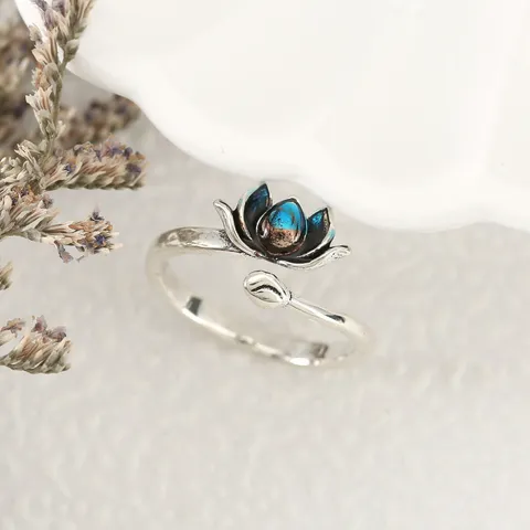 Vintage Chinese Style Enamel Lotus Open Ring For Women Copper Adjustable Blue Black Gradient Zen Jewelry Finger Ring