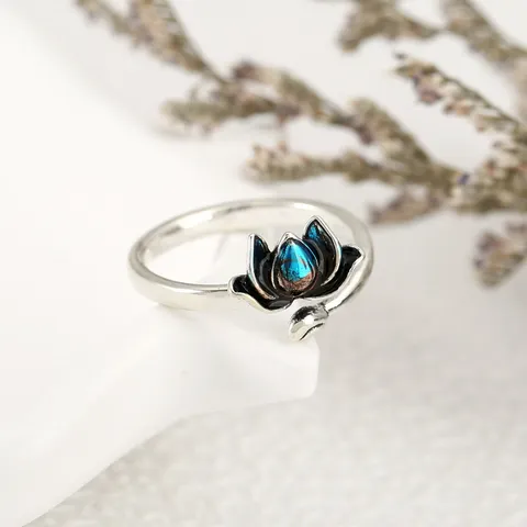 Vintage Chinese Style Enamel Lotus Open Ring For Women Copper Adjustable Blue Black Gradient Zen Jewelry Finger Ring